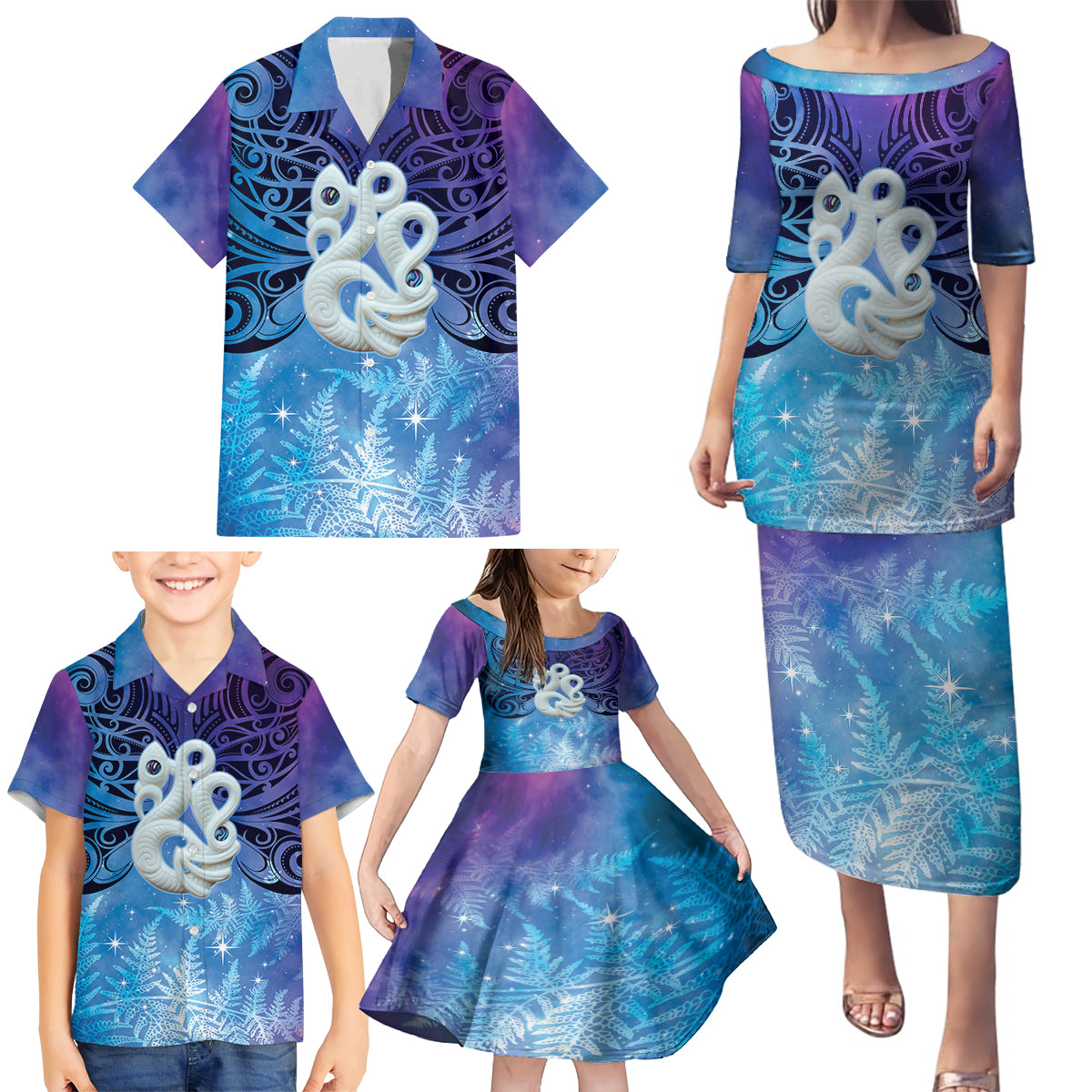 New Zealand Matariki Family Matching Puletasi and Hawaiian Shirt Aotearoa Maori New Year Manaia Galaxy Vibes LT14 - Polynesian Pride
