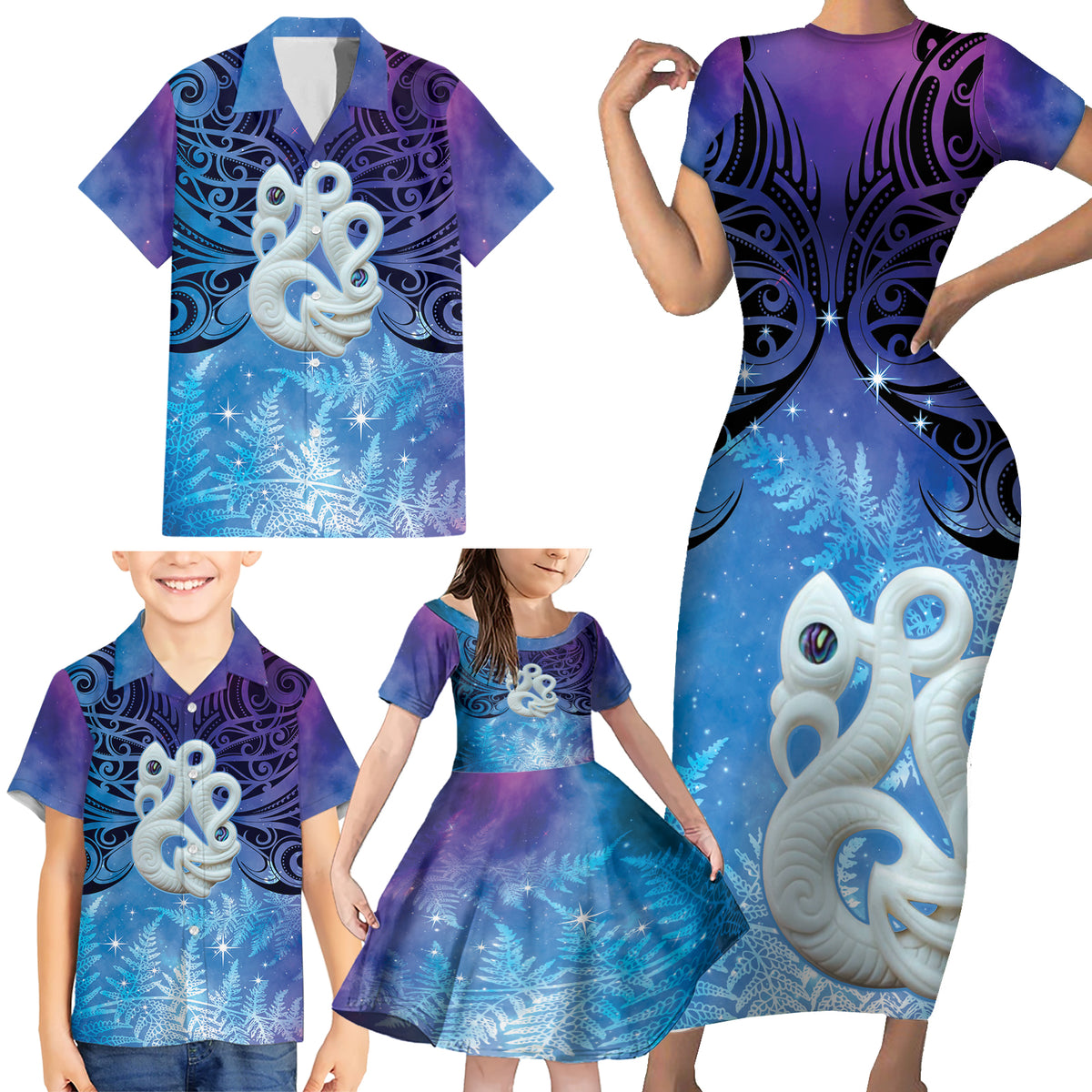 New Zealand Matariki Family Matching Short Sleeve Bodycon Dress and Hawaiian Shirt Aotearoa Maori New Year Manaia Galaxy Vibes LT14 - Polynesian Pride