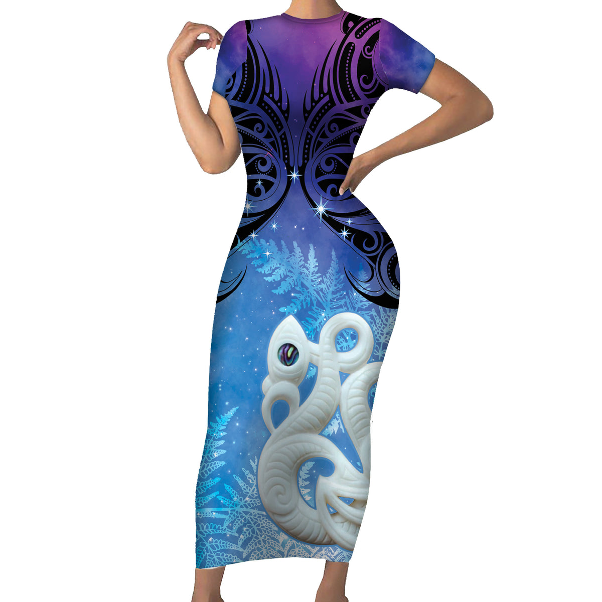 New Zealand Matariki Family Matching Short Sleeve Bodycon Dress and Hawaiian Shirt Aotearoa Maori New Year Manaia Galaxy Vibes LT14 Mom's Dress Blue - Polynesian Pride