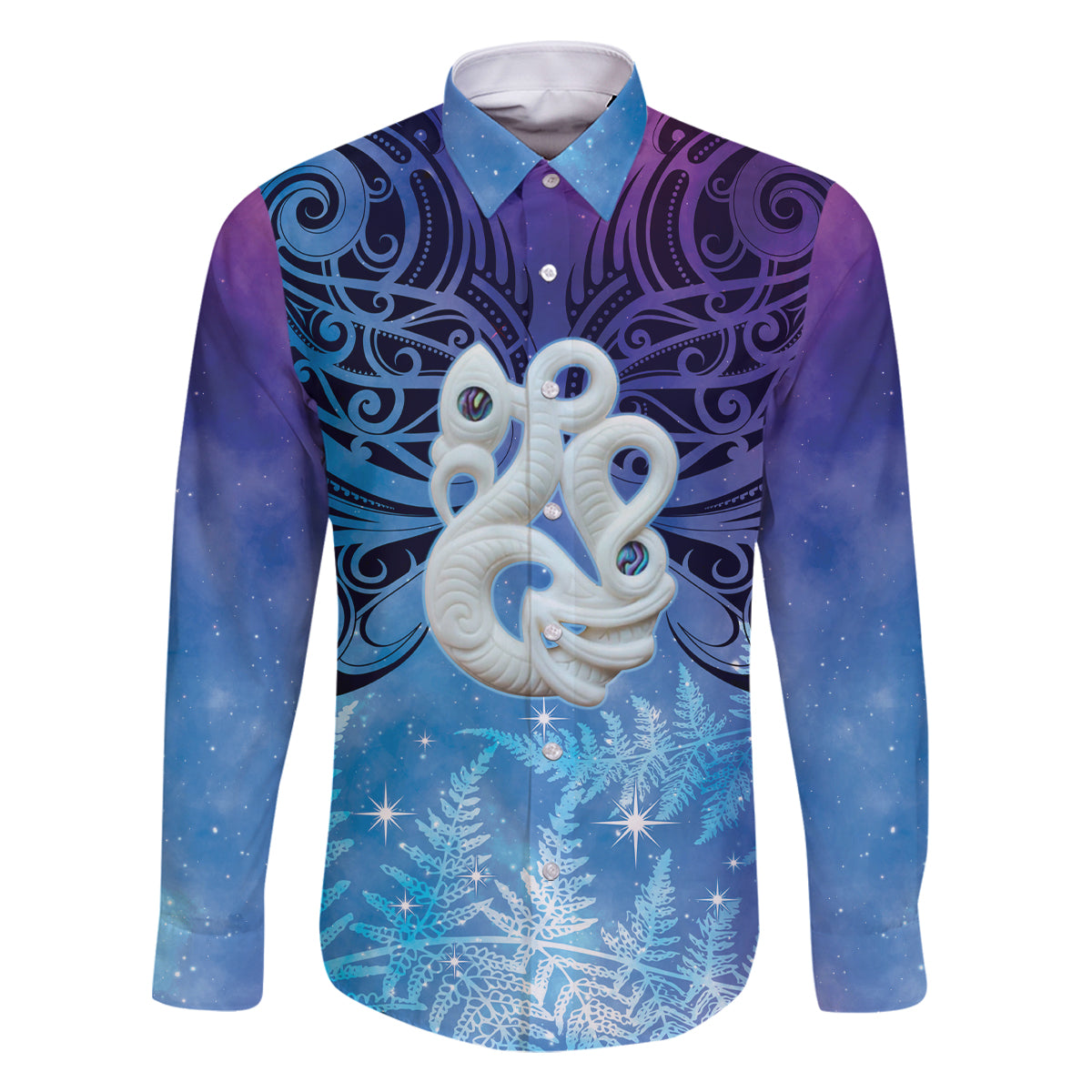New Zealand Matariki Family Matching Summer Maxi Dress and Hawaiian Shirt Aotearoa Maori New Year Manaia Galaxy Vibes LT14 Dad's Shirt - Long Sleeve Blue - Polynesian Pride