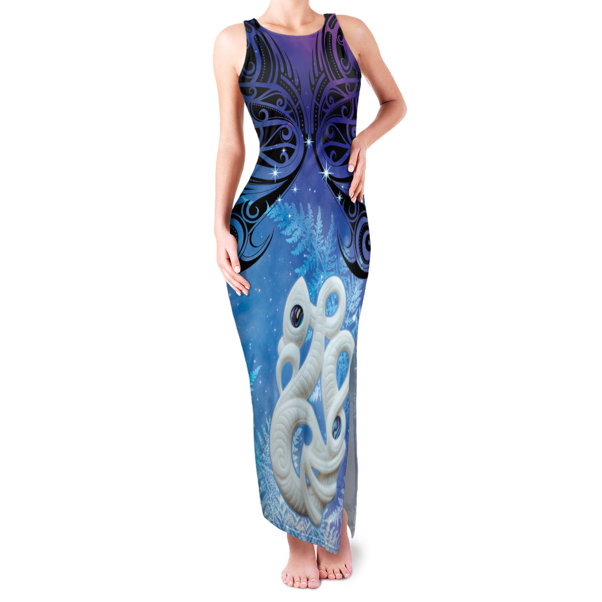 New Zealand Matariki Family Matching Tank Maxi Dress and Hawaiian Shirt Aotearoa Maori New Year Manaia Galaxy Vibes LT14 Mom's Dress Blue - Polynesian Pride