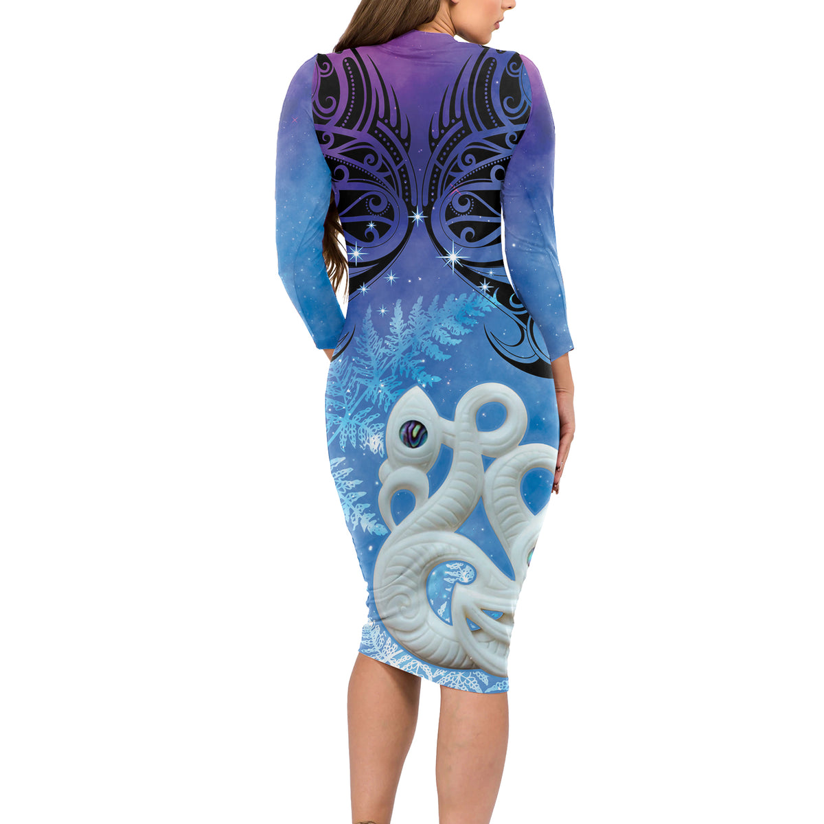 New Zealand Matariki Long Sleeve Bodycon Dress Aotearoa Maori New Year Manaia Galaxy Vibes LT14 - Polynesian Pride