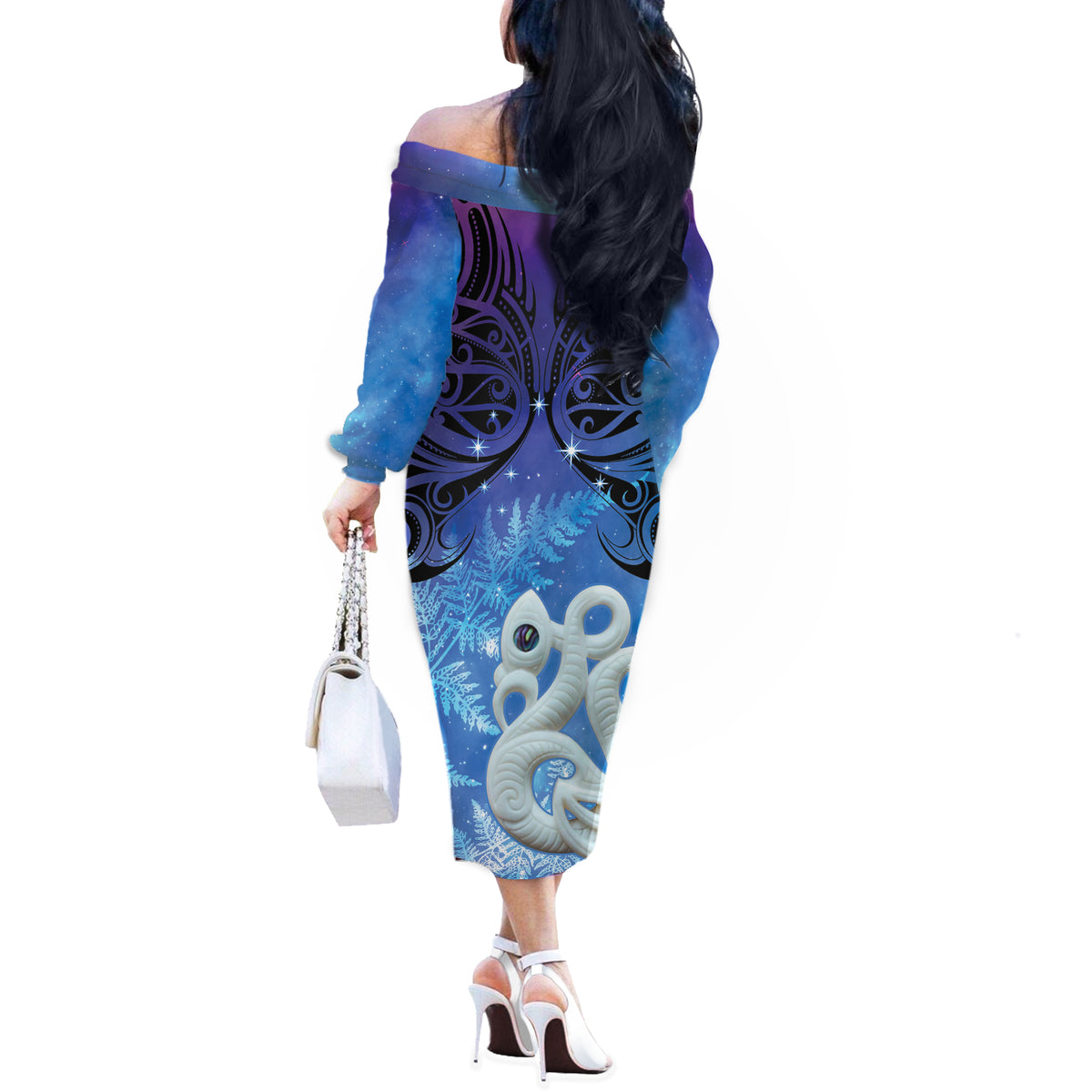 New Zealand Matariki Off The Shoulder Long Sleeve Dress Aotearoa Maori New Year Manaia Galaxy Vibes LT14 - Polynesian Pride