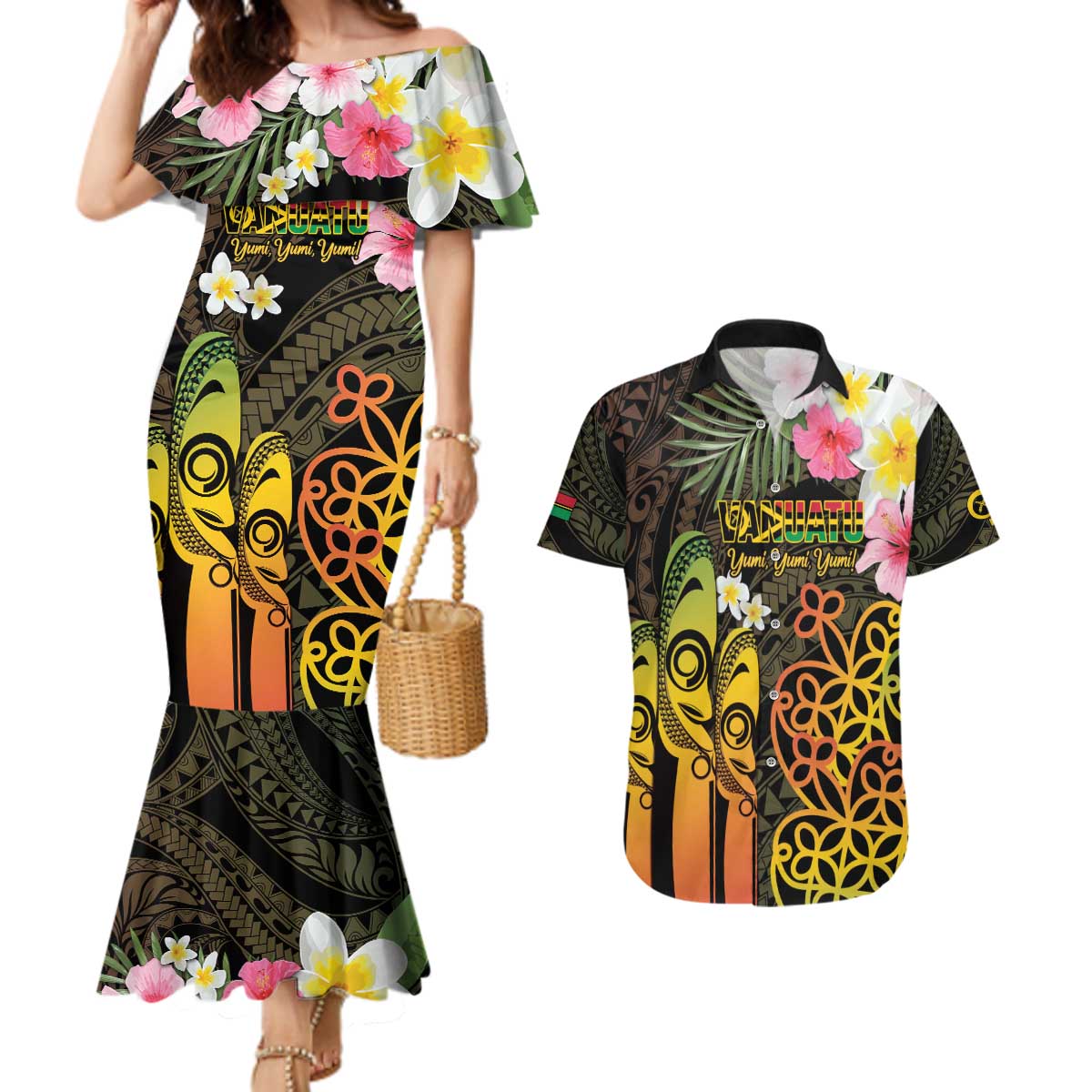 Personalised Vanuatu Independence Day Couples Matching Mermaid Dress and Hawaiian Shirt Carving Drum Sand Drawing Turtle