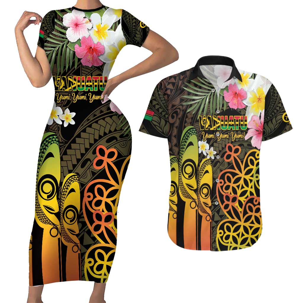 Personalised Vanuatu Independence Day Couples Matching Short Sleeve Bodycon Dress and Hawaiian Shirt Carving Drum Sand Drawing Turtle