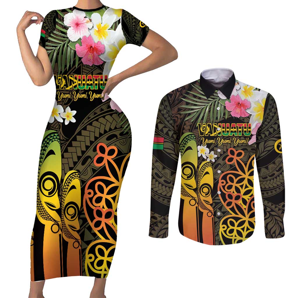Personalised Vanuatu Independence Day Couples Matching Short Sleeve Bodycon Dress and Long Sleeve Button Shirt Carving Drum Sand Drawing Turtle
