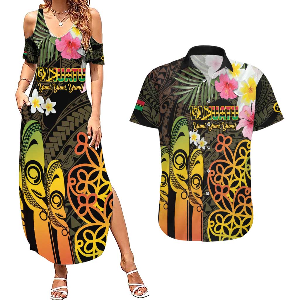Personalised Vanuatu Independence Day Couples Matching Summer Maxi Dress and Hawaiian Shirt Carving Drum Sand Drawing Turtle