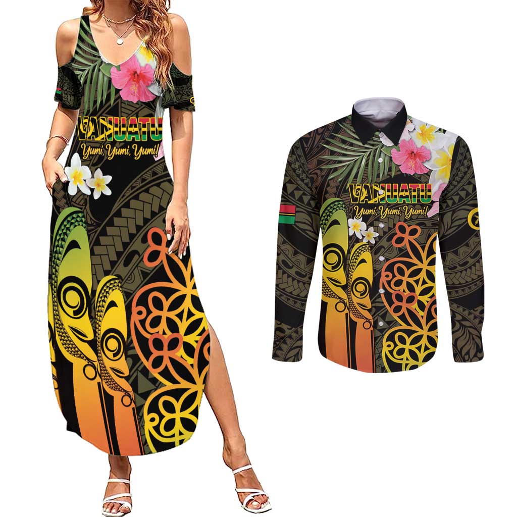 Personalised Vanuatu Independence Day Couples Matching Summer Maxi Dress and Long Sleeve Button Shirt Carving Drum Sand Drawing Turtle