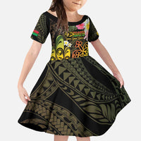 Personalised Vanuatu Independence Day Family Matching Long Sleeve Bodycon Dress and Hawaiian Shirt Carving Drum Sand Drawing Turtle LT14 Daughter's Dress Black - Polynesian Pride