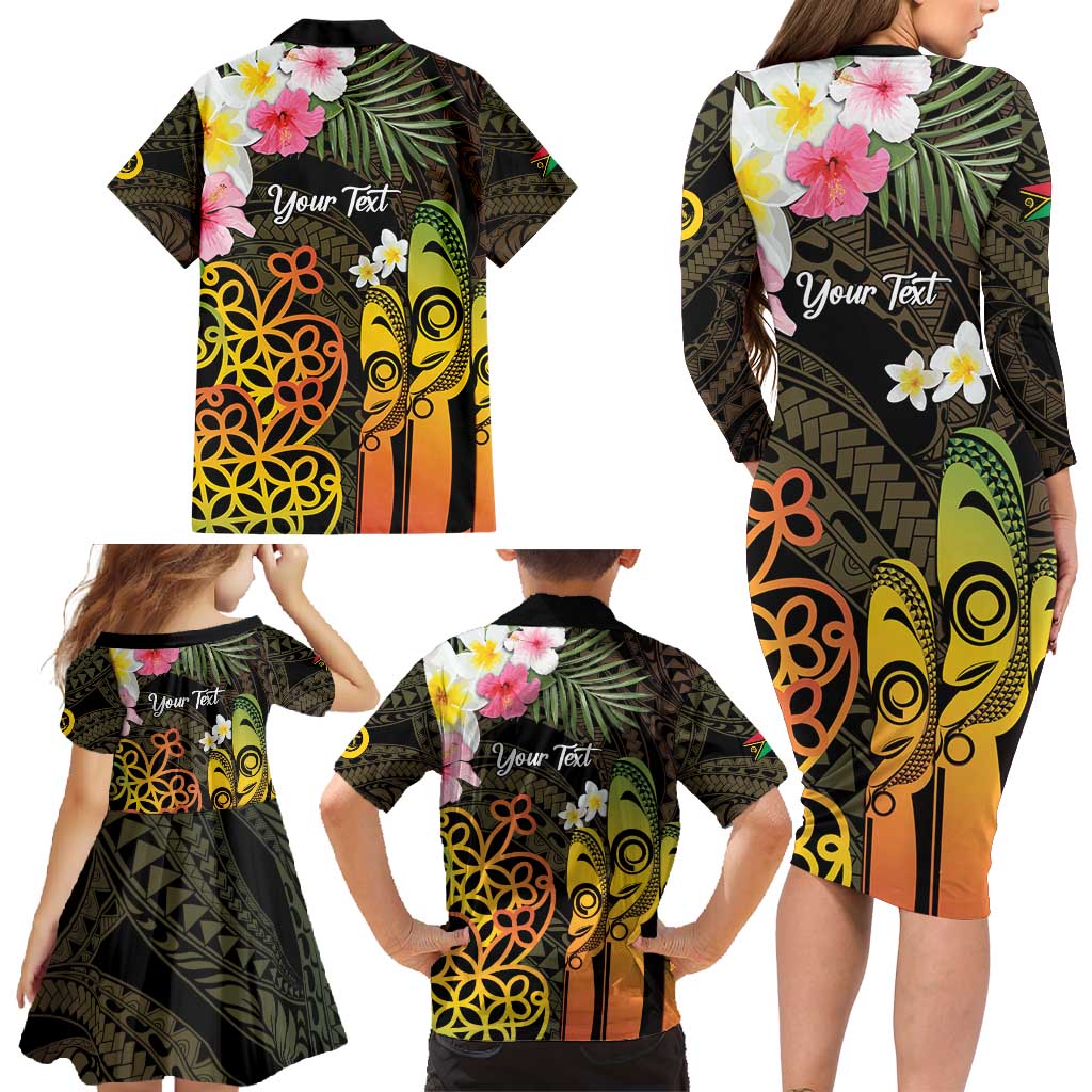 Personalised Vanuatu Independence Day Family Matching Long Sleeve Bodycon Dress and Hawaiian Shirt Carving Drum Sand Drawing Turtle LT14 - Polynesian Pride