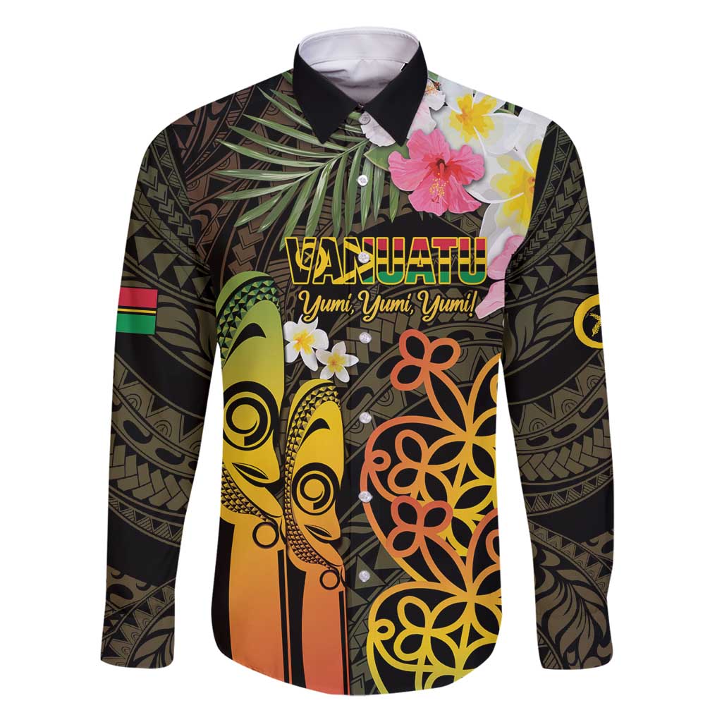 Personalised Vanuatu Independence Day Family Matching Long Sleeve Bodycon Dress and Hawaiian Shirt Carving Drum Sand Drawing Turtle LT14 Dad's Shirt - Long Sleeve Black - Polynesian Pride