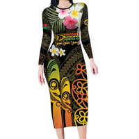 Personalised Vanuatu Independence Day Family Matching Long Sleeve Bodycon Dress and Hawaiian Shirt Carving Drum Sand Drawing Turtle LT14 Mom's Dress Black - Polynesian Pride