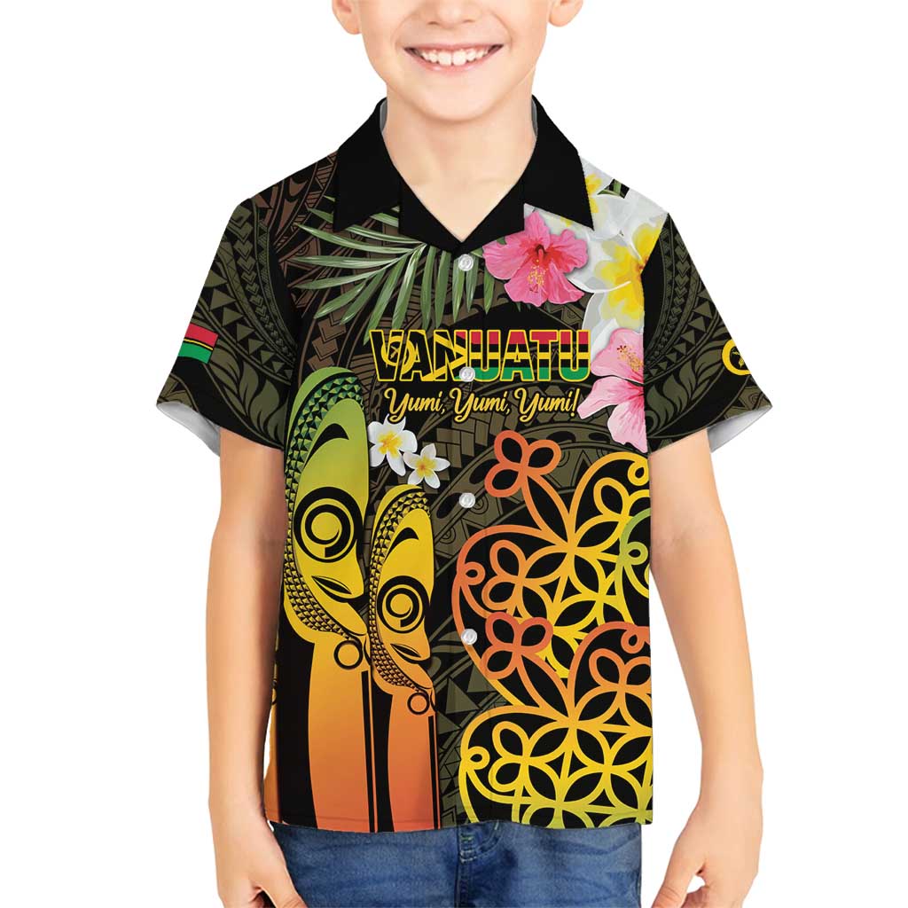 Personalised Vanuatu Independence Day Family Matching Long Sleeve Bodycon Dress and Hawaiian Shirt Carving Drum Sand Drawing Turtle LT14 Son's Shirt Black - Polynesian Pride