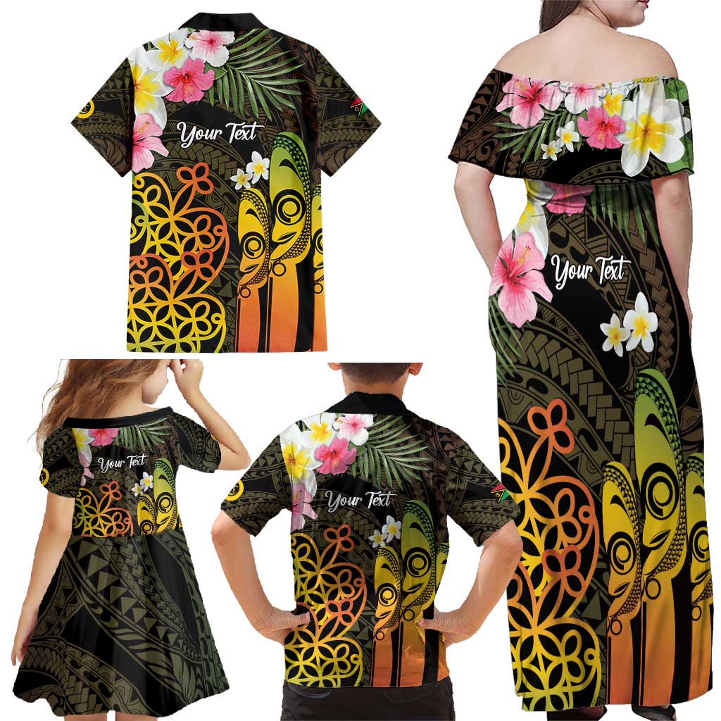 Personalised Vanuatu Independence Day Family Matching Off Shoulder Maxi Dress and Hawaiian Shirt Carving Drum Sand Drawing Turtle
