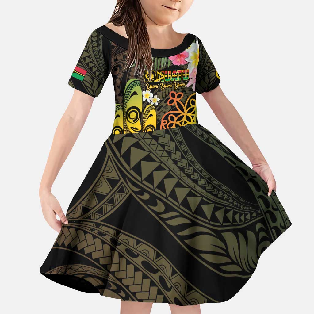 Personalised Vanuatu Independence Day Family Matching Short Sleeve Bodycon Dress and Hawaiian Shirt Carving Drum Sand Drawing Turtle LT14 Daughter's Dress Black - Polynesian Pride