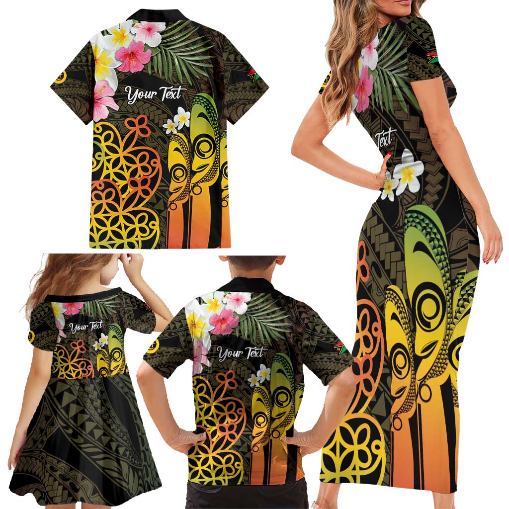 Personalised Vanuatu Independence Day Family Matching Short Sleeve Bodycon Dress and Hawaiian Shirt Carving Drum Sand Drawing Turtle LT14 - Polynesian Pride