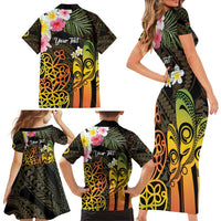 Personalised Vanuatu Independence Day Family Matching Short Sleeve Bodycon Dress and Hawaiian Shirt Carving Drum Sand Drawing Turtle LT14 - Polynesian Pride