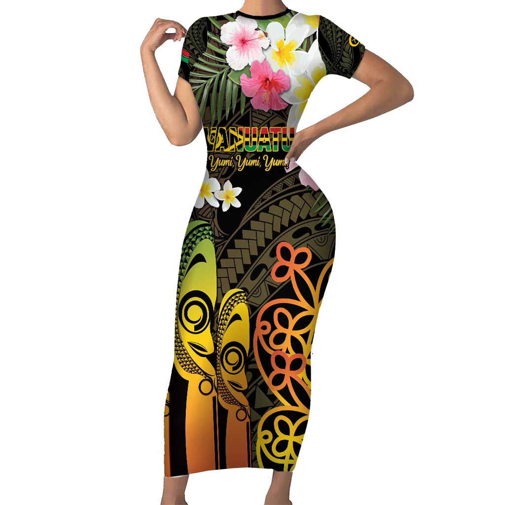 Personalised Vanuatu Independence Day Family Matching Short Sleeve Bodycon Dress and Hawaiian Shirt Carving Drum Sand Drawing Turtle LT14 Mom's Dress Black - Polynesian Pride