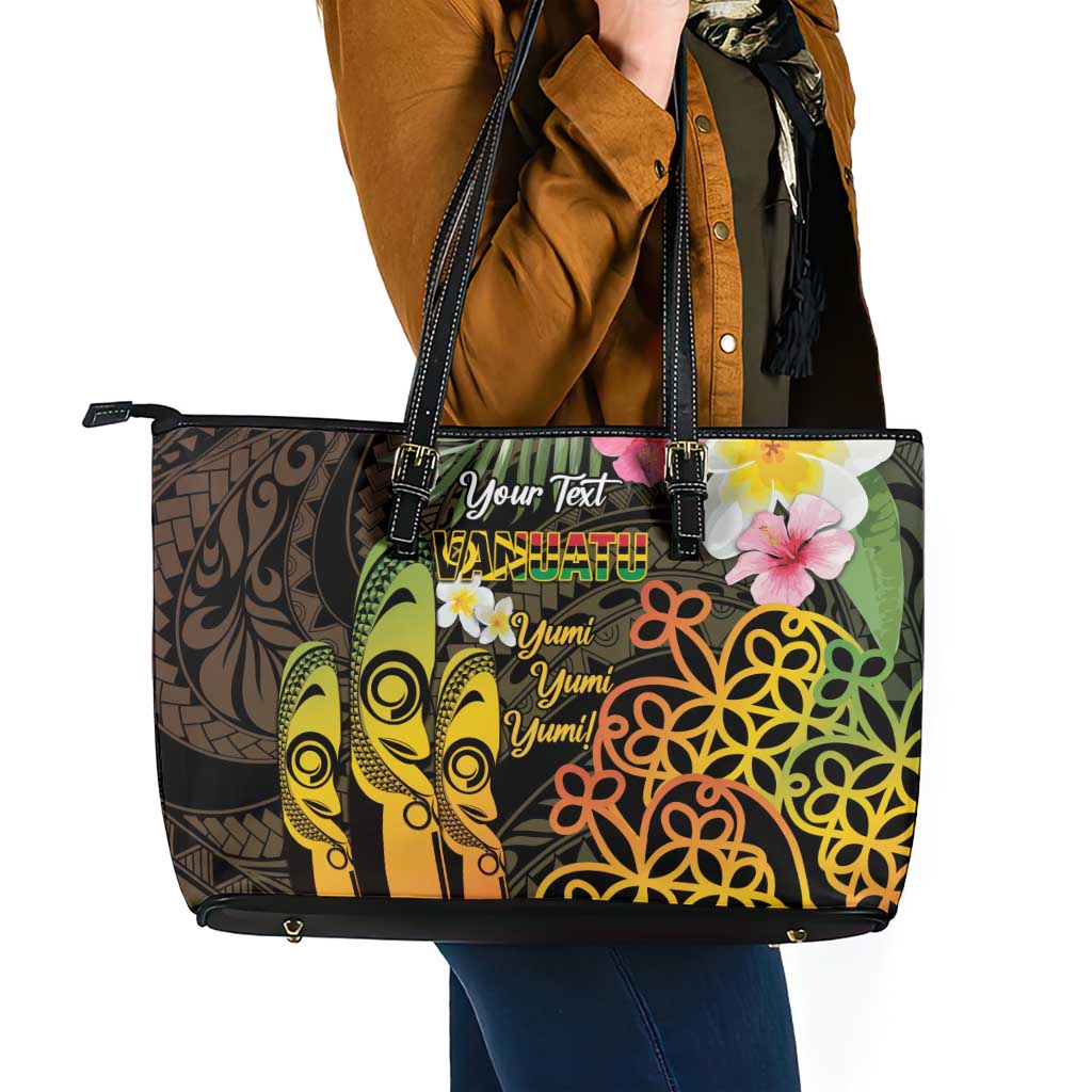 Personalised Vanuatu Independence Day Leather Tote Bag Carving Drum Sand Drawing Turtle