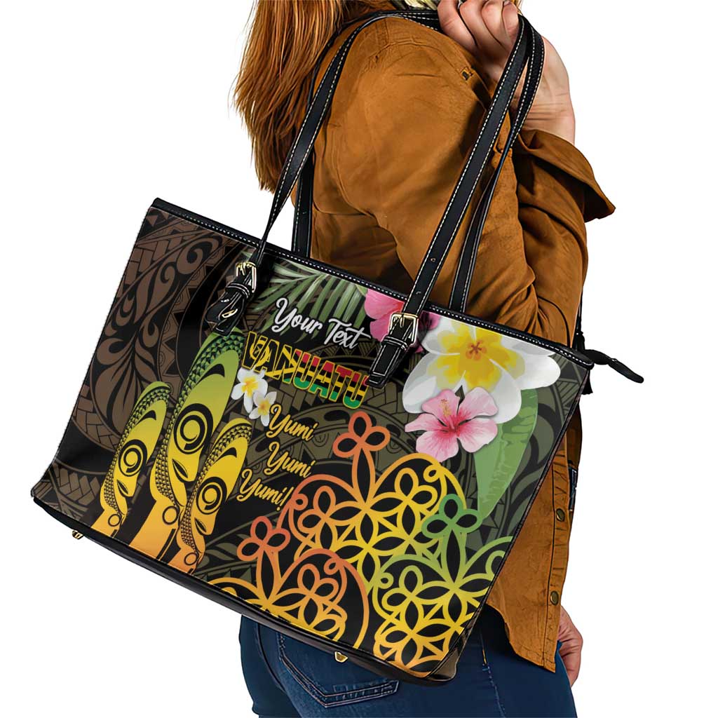 Personalised Vanuatu Independence Day Leather Tote Bag Carving Drum Sand Drawing Turtle