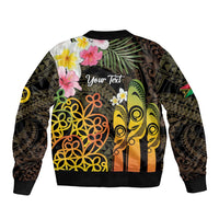 Personalised Vanuatu Independence Day Sleeve Zip Bomber Jacket Carving Drum Sand Drawing Turtle