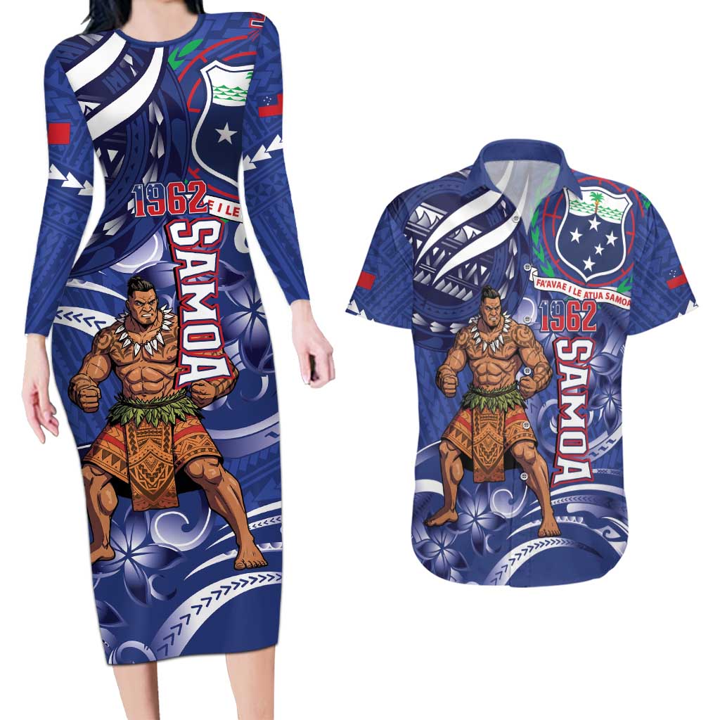 Samoa Independence Day Couples Matching Long Sleeve Bodycon Dress and Hawaiian Shirt 1962 Proud Samoan Warrior