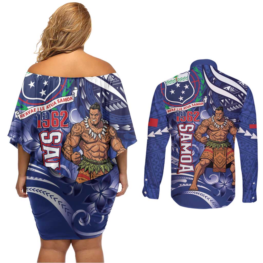 Samoa Independence Day Couples Matching Off Shoulder Short Dress and Long Sleeve Button Shirt 1962 Proud Samoan Warrior