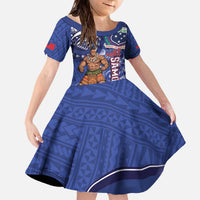 Samoa Independence Day Family Matching Off The Shoulder Long Sleeve Dress and Hawaiian Shirt 1962 Proud Samoan Warrior LT14 Daughter's Dress Blue - Polynesian Pride
