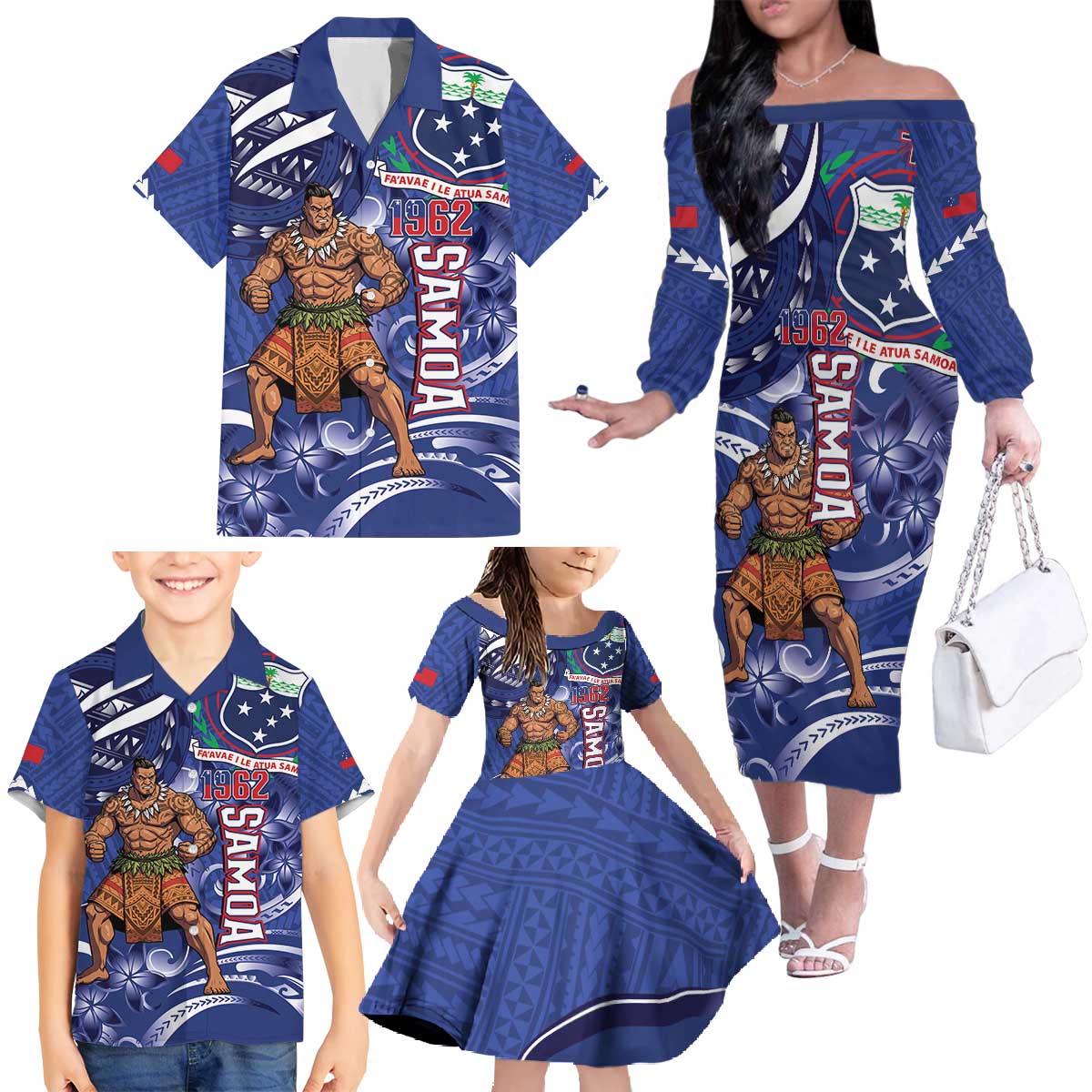 Samoa Independence Day Family Matching Off The Shoulder Long Sleeve Dress and Hawaiian Shirt 1962 Proud Samoan Warrior LT14 - Polynesian Pride