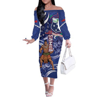 Samoa Independence Day Family Matching Off The Shoulder Long Sleeve Dress and Hawaiian Shirt 1962 Proud Samoan Warrior LT14 Mom's Dress Blue - Polynesian Pride