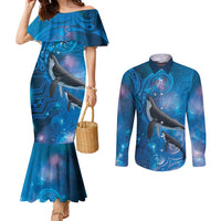 Paikea New Zealand Matariki Couples Matching Mermaid Dress and Long Sleeve Button Shirt Humpback Whale Taniko Motifs Ocean Vibes LT14 Blue - Polynesian Pride