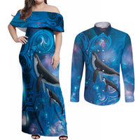 Paikea New Zealand Matariki Couples Matching Off Shoulder Maxi Dress and Long Sleeve Button Shirt Humpback Whale Taniko Motifs Ocean Vibes LT14 Blue - Polynesian Pride