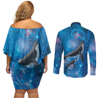 Paikea New Zealand Matariki Couples Matching Off Shoulder Short Dress and Long Sleeve Button Shirt Humpback Whale Taniko Motifs Ocean Vibes LT14 - Polynesian Pride
