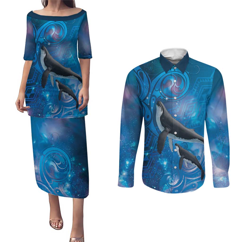 Paikea New Zealand Matariki Couples Matching Puletasi and Long Sleeve Button Shirt Humpback Whale Taniko Motifs Ocean Vibes LT14 Blue - Polynesian Pride