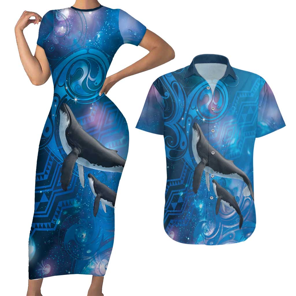 Paikea New Zealand Matariki Couples Matching Short Sleeve Bodycon Dress and Hawaiian Shirt Humpback Whale Taniko Motifs Ocean Vibes