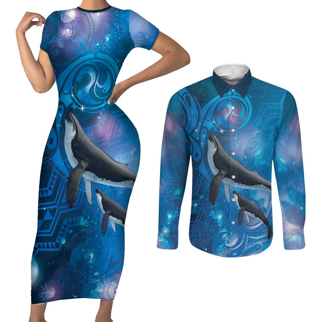 Paikea New Zealand Matariki Couples Matching Short Sleeve Bodycon Dress and Long Sleeve Button Shirt Humpback Whale Taniko Motifs Ocean Vibes LT14 Blue - Polynesian Pride