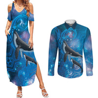 Paikea New Zealand Matariki Couples Matching Summer Maxi Dress and Long Sleeve Button Shirt Humpback Whale Taniko Motifs Ocean Vibes LT14 Blue - Polynesian Pride