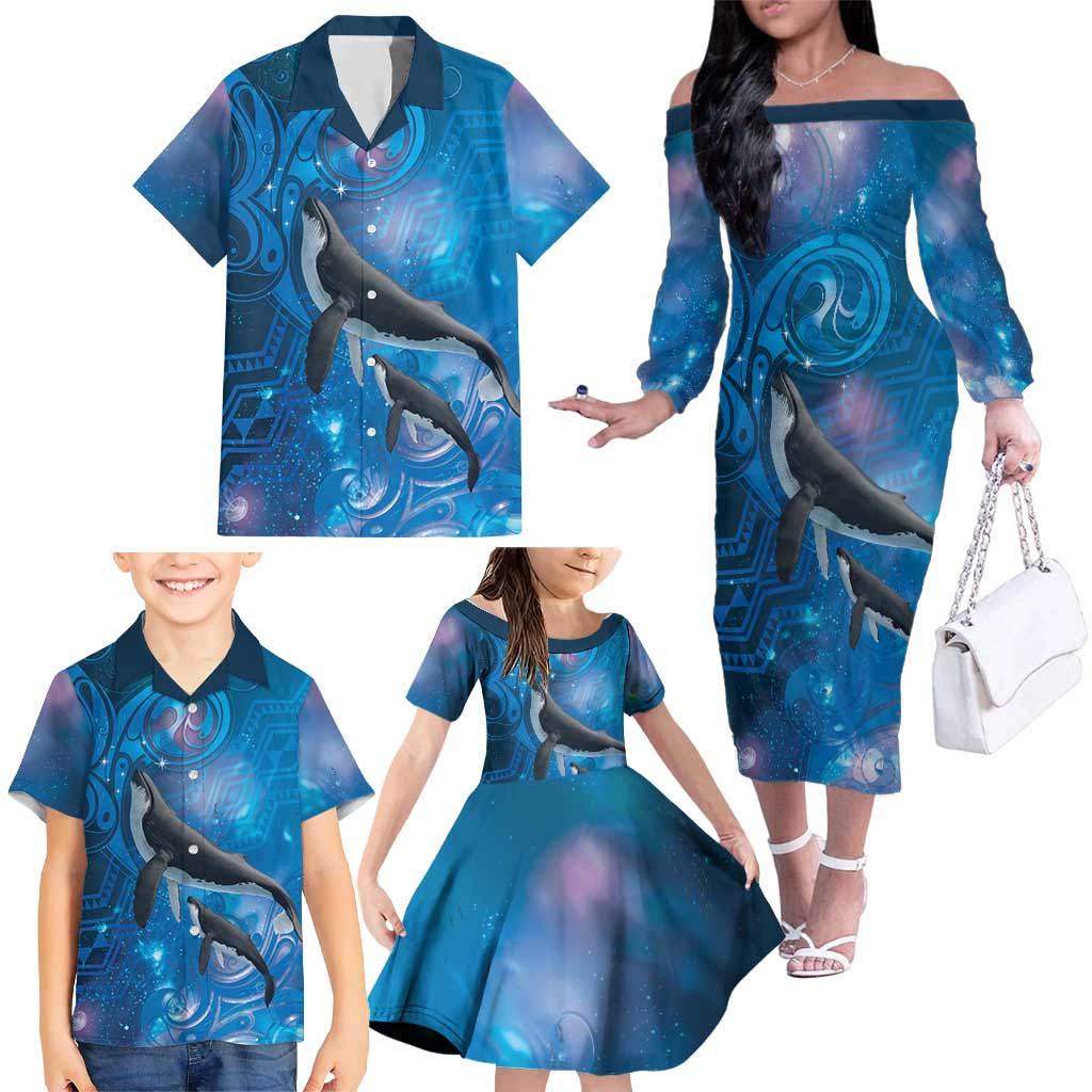 Paikea New Zealand Matariki Family Matching Off The Shoulder Long Sleeve Dress and Hawaiian Shirt Humpback Whale Taniko Motifs Ocean Vibes LT14 - Polynesian Pride