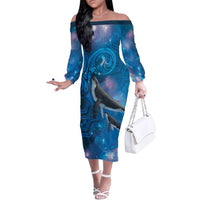 Paikea New Zealand Matariki Family Matching Off The Shoulder Long Sleeve Dress and Hawaiian Shirt Humpback Whale Taniko Motifs Ocean Vibes LT14 Mom's Dress Blue - Polynesian Pride