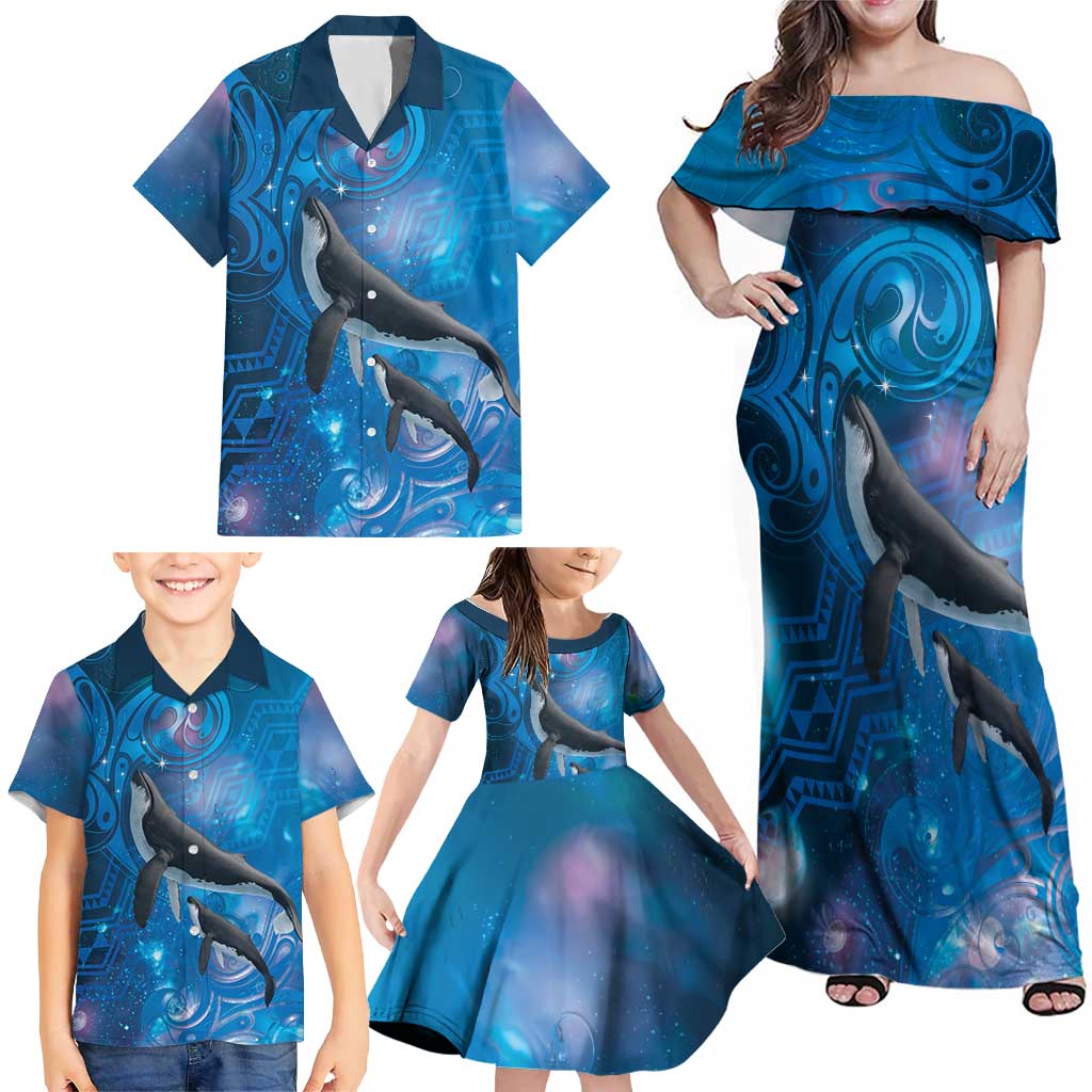 Paikea New Zealand Matariki Family Matching Off Shoulder Maxi Dress and Hawaiian Shirt Humpback Whale Taniko Motifs Ocean Vibes LT14 - Polynesian Pride