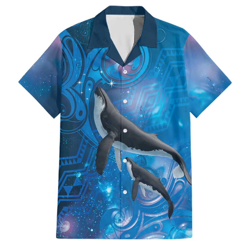 Paikea New Zealand Matariki Family Matching Off Shoulder Maxi Dress and Hawaiian Shirt Humpback Whale Taniko Motifs Ocean Vibes LT14 Dad's Shirt - Short Sleeve Blue - Polynesian Pride