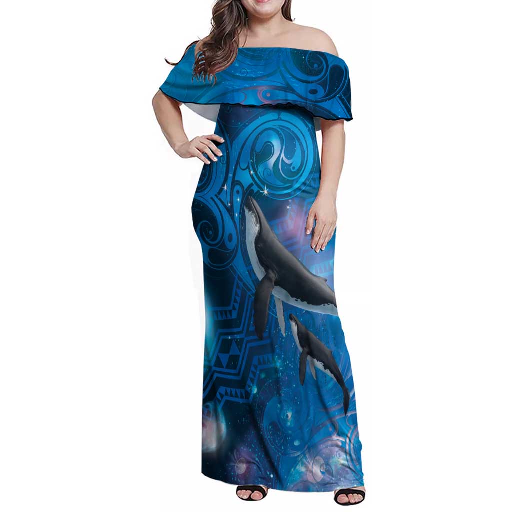 Paikea New Zealand Matariki Family Matching Off Shoulder Maxi Dress and Hawaiian Shirt Humpback Whale Taniko Motifs Ocean Vibes LT14 Mom's Dress Blue - Polynesian Pride