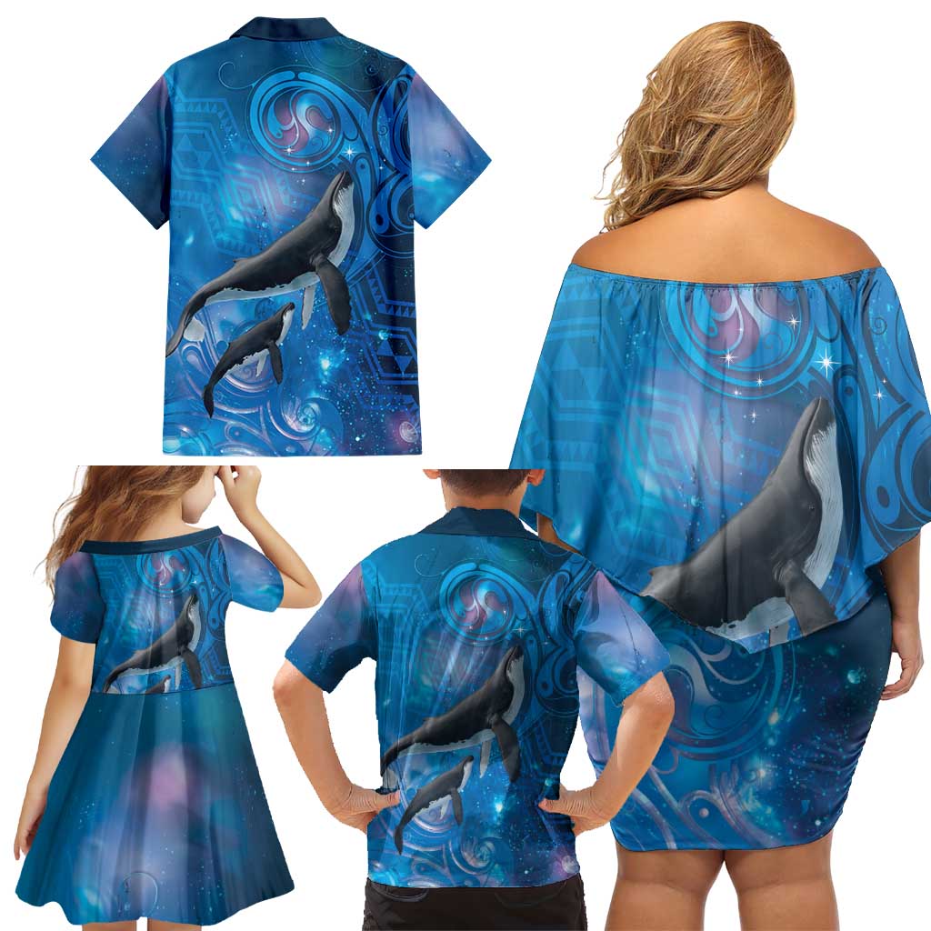Paikea New Zealand Matariki Family Matching Off Shoulder Short Dress and Hawaiian Shirt Humpback Whale Taniko Motifs Ocean Vibes LT14 - Polynesian Pride