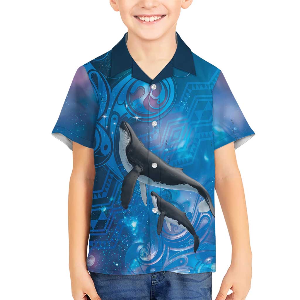 Paikea New Zealand Matariki Family Matching Off Shoulder Short Dress and Hawaiian Shirt Humpback Whale Taniko Motifs Ocean Vibes LT14 Son's Shirt Blue - Polynesian Pride