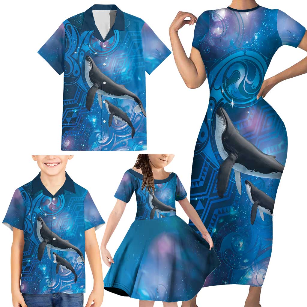 Paikea New Zealand Matariki Family Matching Short Sleeve Bodycon Dress and Hawaiian Shirt Humpback Whale Taniko Motifs Ocean Vibes LT14 - Polynesian Pride