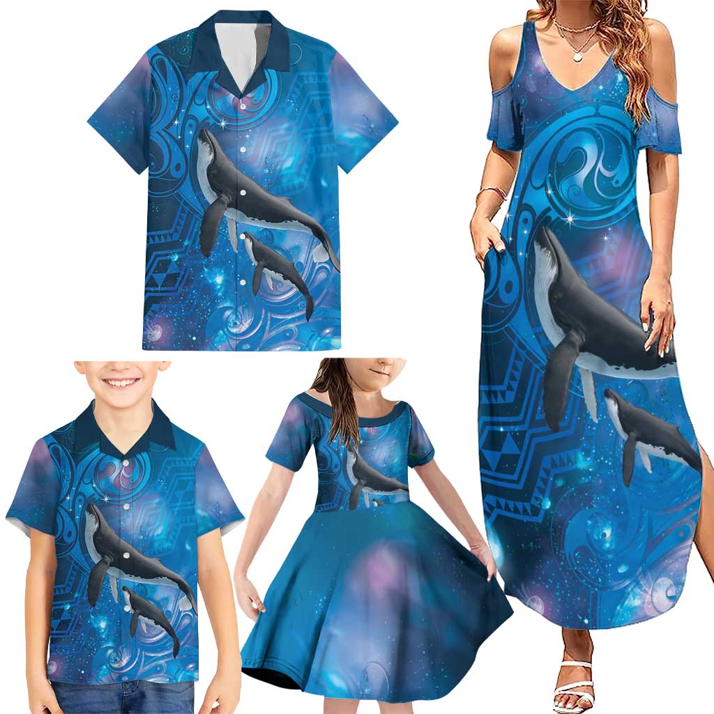 Paikea New Zealand Matariki Family Matching Summer Maxi Dress and Hawaiian Shirt Humpback Whale Taniko Motifs Ocean Vibes
