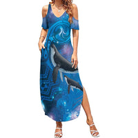 Paikea New Zealand Matariki Family Matching Summer Maxi Dress and Hawaiian Shirt Humpback Whale Taniko Motifs Ocean Vibes LT14 Mom's Dress Blue - Polynesian Pride
