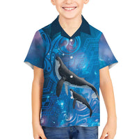 Paikea New Zealand Matariki Family Matching Summer Maxi Dress and Hawaiian Shirt Humpback Whale Taniko Motifs Ocean Vibes LT14 Son's Shirt Blue - Polynesian Pride