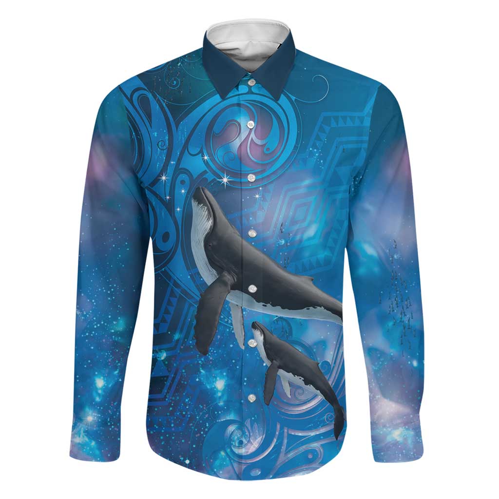 Paikea New Zealand Matariki Family Matching Tank Maxi Dress and Hawaiian Shirt Humpback Whale Taniko Motifs Ocean Vibes LT14 Dad's Shirt - Long Sleeve Blue - Polynesian Pride