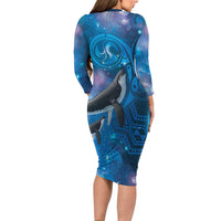 Paikea New Zealand Matariki Long Sleeve Bodycon Dress Humpback Whale Taniko Motifs Ocean Vibes LT14 - Polynesian Pride